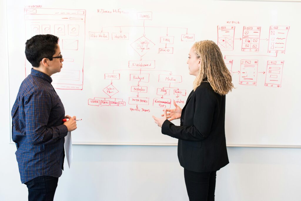 Two professionals analyzing market competition data on a whiteboard